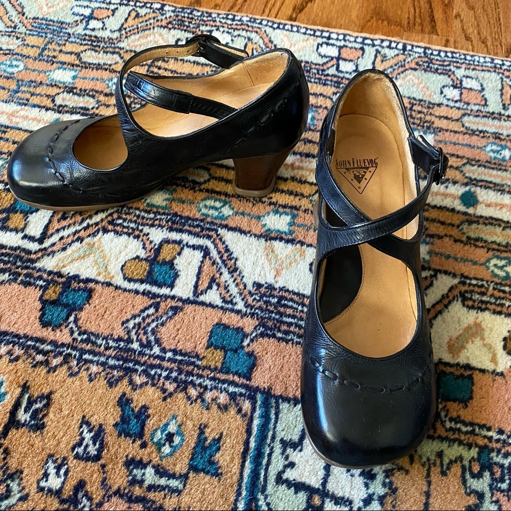 John Fluevog Black Leather Mary Jane Heels